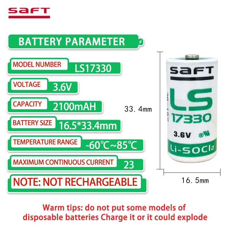 SAFT LS17330 2100mAH 3.6V lithium battery is suitable for the gas alarm and gas meter of the Tianying hydrogen sulfide detector