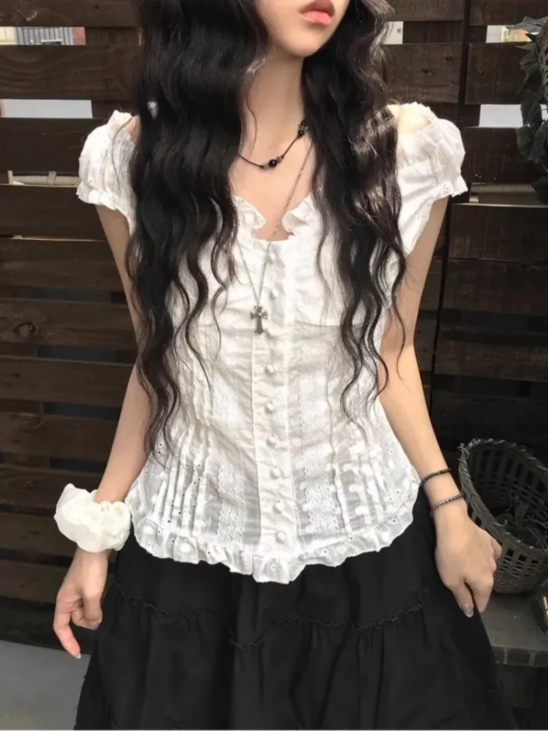 

Korean Style Blouse Women White Flower Hook Hollow Button Shirt Preppy Fashion Clothes Y2K Aesthetic Tops Summer 2025 NEW In