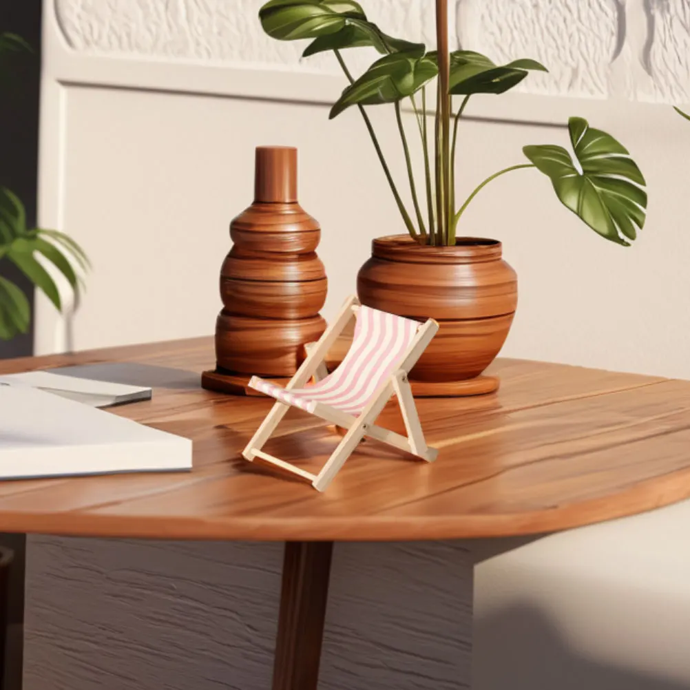 2 pçs cadeira de praia suporte do telefone decoração para casa miniaturas lona madeira ajustável titular móveis mini dobrável inteligente portátil tablet