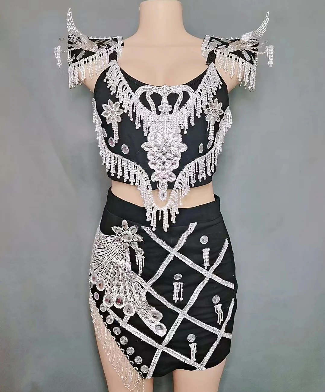 

Women Sexy Diamond White Split Skirt Costumes Nightclub Bar Female Singer DJ Show Stage Dance Outfits