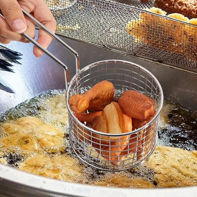 

Stainless Steel French Fry Basket Reusable Fries Holder Deep Fryer Handheld Round Mini Strainers Kitchen Frying Tools