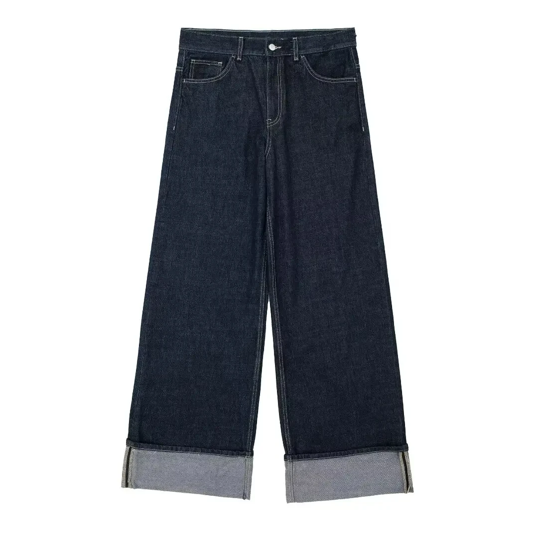 HH Damesmode Denim Set Casual Revers Lange Mouw Crop Jas Knoppen Vrouwelijke Vintage Wijde Pijpen Losse Jeans Lange Broek - afbeelding 1