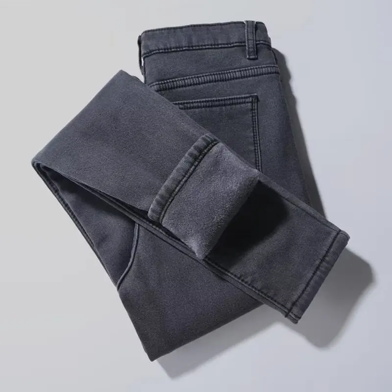 

Grey Fleece Lined Slim Fit Jeans Women's High Waist Elastic Stretch Long Trousers Fashionable Casual Cotton Denim Pants