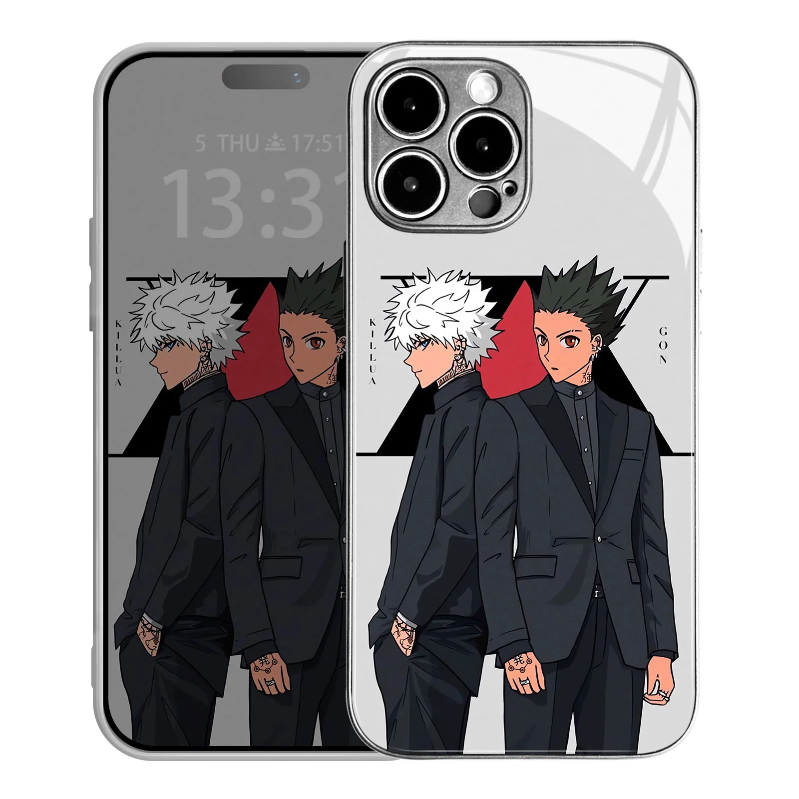 killua and Gon HxH Anime TPU Tempered Glass Silver Phone Case for IPhone 7, 8, 15 Plus, Xr, Xs, 12, 13 Mini, 11, 14, 15 Pro Max