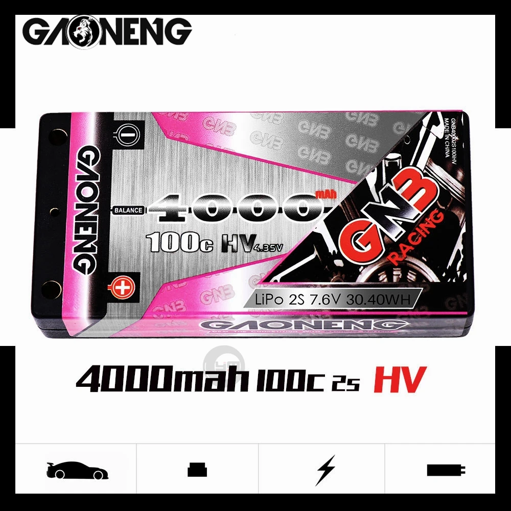 Gaoneng GNB 4000mAh 2S 7.6V 100C Low Profile Hardcase Shorty LiPo Battery 4.0mm Bullet XT60/T-Plug Plug for Racing RC Car Boat