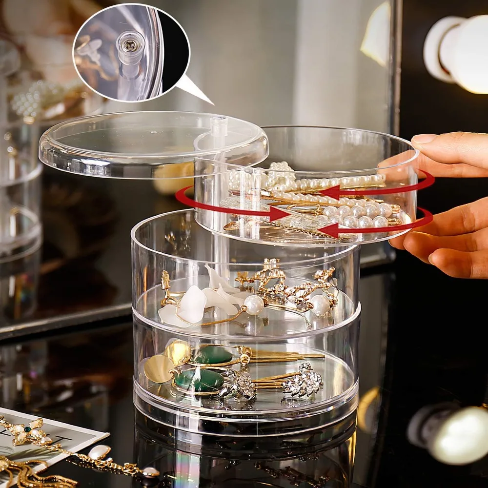 360 Rotating Jewelry Organizer Clear Plastic Storage Box Compact Multi Layer Earring Ring Holder Dustproof Display Case
