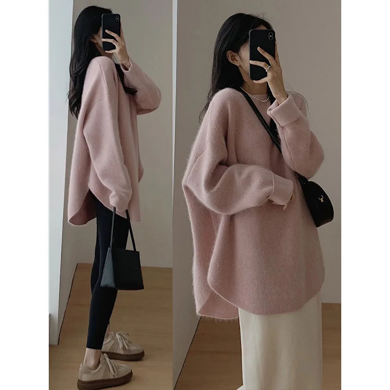 New Autumn Winter Women Oversized Round Neck Fluffy Knit Sweater Batwing Long Sleeve Loose Mid Length Pullover Soft Warm Lazy St