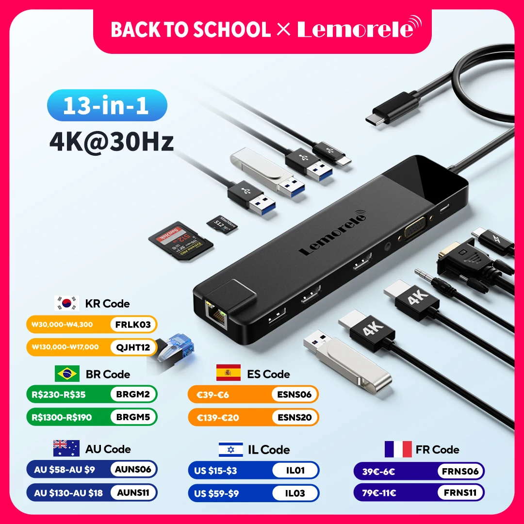 Hub USB Lemorele TC100 de 13 Portas 3.0 de Alta Velocidade com USB Tipo C, HDMI 4K, RJ45 1000mbps, SD, TF para Laptop, MacBook, VGA para TV e Monitor