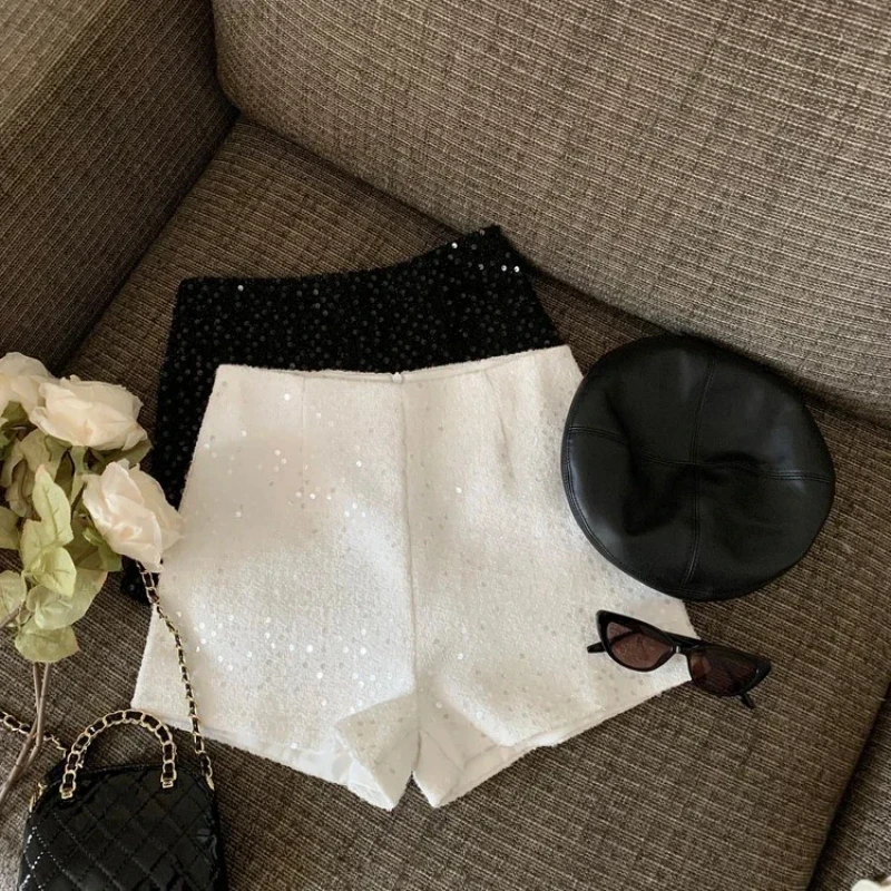 

Шорты с высокой талией, сексуальные черные брюки Cortos De Mujer, белые костюмы, короткие женские тонкие осенние брюки с блестками Y2k, шорты