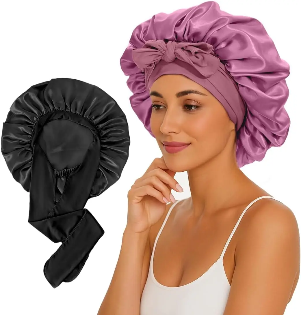 

1Pc Large Satin Silk Bonnet for Sleeping Women, Adjustable Hair Bonnets for Sleeping with Tie Band, Sleep Cap (Black/Pink)