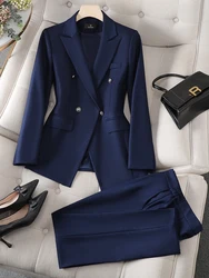 Conjunto de blazer e calças de manga comprida feminino, fato de calça formal, monocromático, cinza, preto, azul, branco, outono, inverno, 2 peças