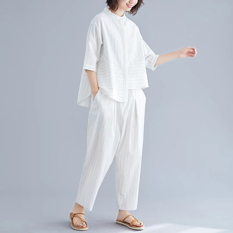 플러스 사이즈 여성용 코튼 린넨 스트라이프 또는 루즈핏 투피스 세트 여름 신상품 슬리밍 효과 트렌디 슬레