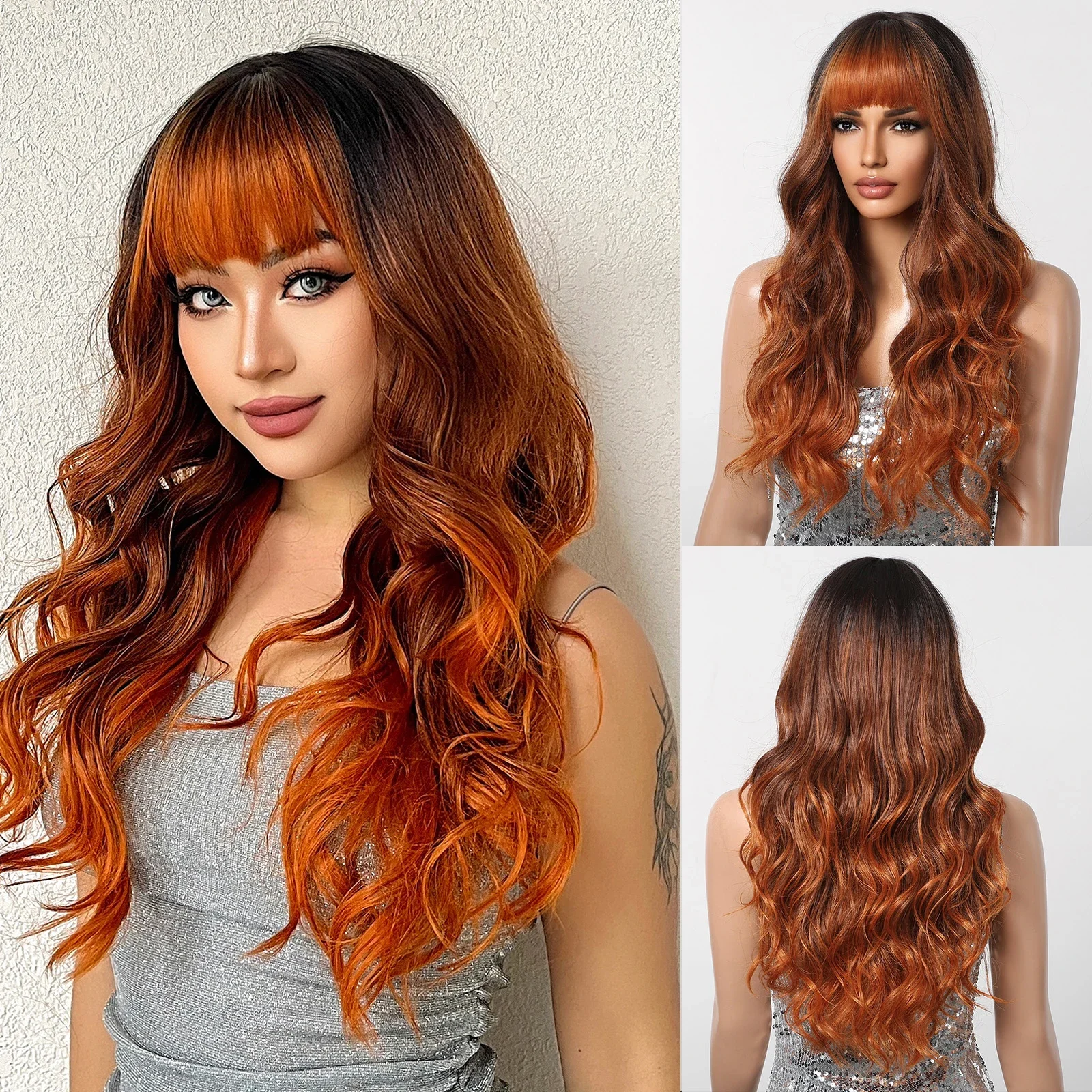 

Long Wavy Hair Orange Red Brown Ombre Synthetic Wigs for Women Natural Looking Bangs Wig High Temperature for Daily Cosplay Use