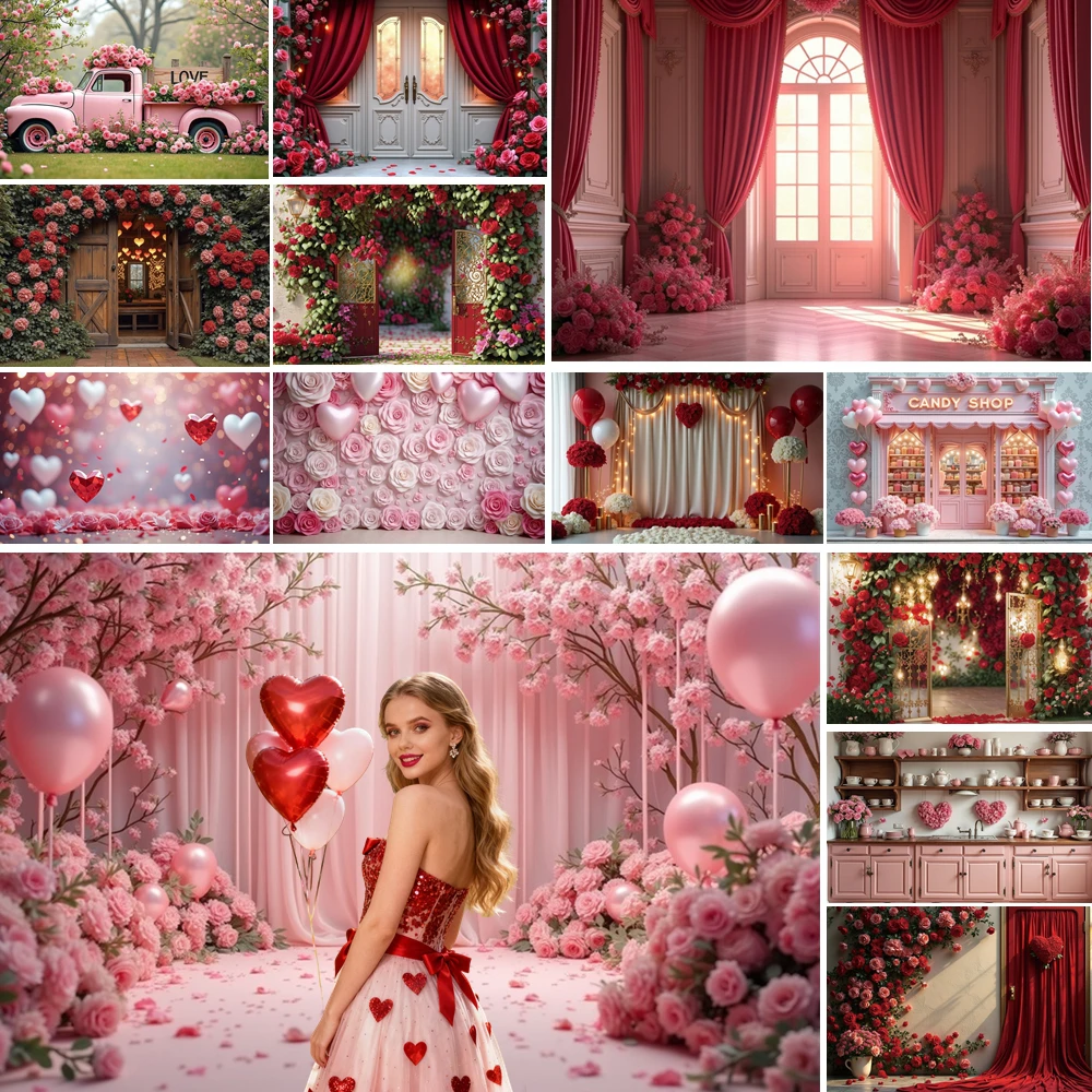 

MOON.QG 2026 Valentine's Day Photo Background Heart Glitter Light Garden Backdrop February 14 Photocall Photobooth Decoration