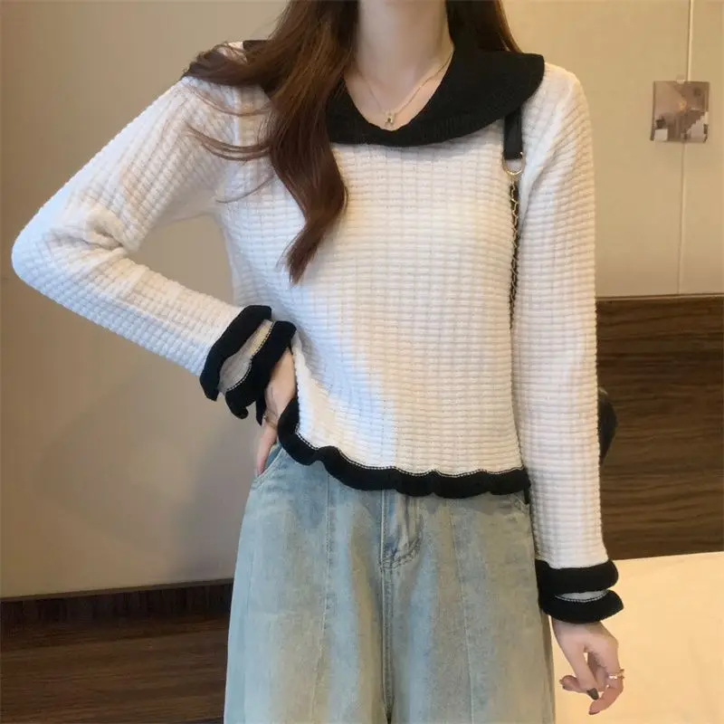 Peter Pan Collar Spliced Knitted Jumpers Female Clothing Contrasting Colors Autumn Winter All-match Korean Long Sleeve Sweaters