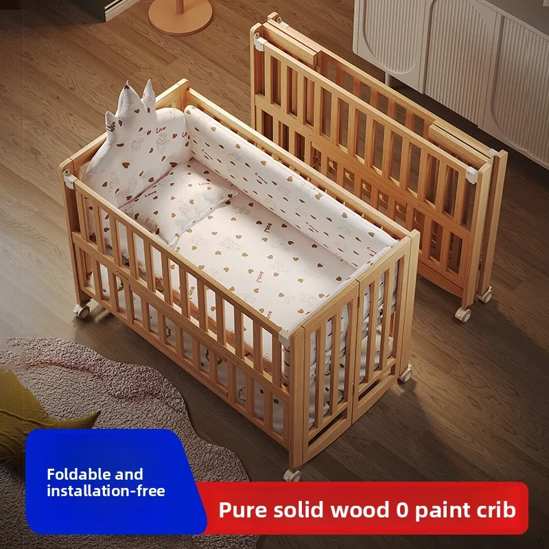 Crib foldable solid wood paint-free movable crib multifunctional newborn splicing bed