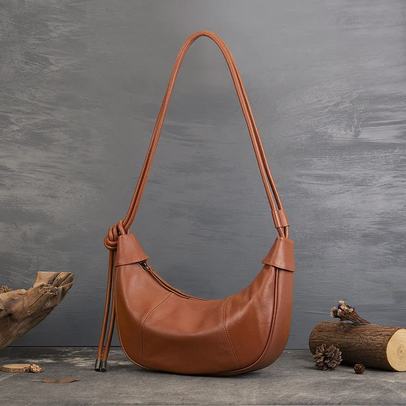 

Hobo Style Knot Design Crossbody Purse for Women Minimalist Crescent Chic Trendy Guenuine Cowhide Leather Shoulder Bag
