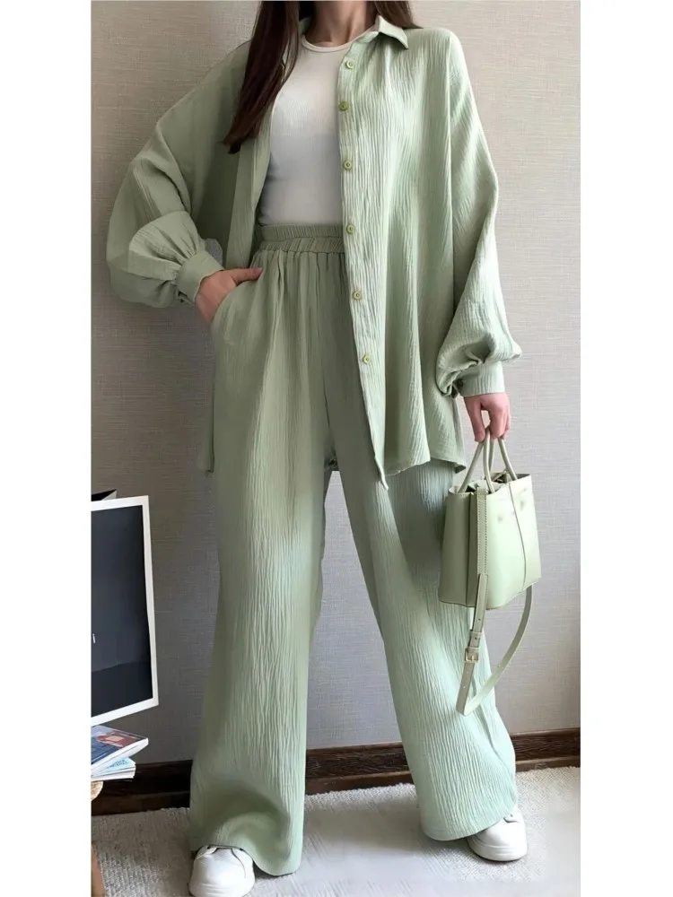 

Women's Casual Solid Sets Outfits Fashion Long Sleeve Button Shirts Tops+Wide Leg Pants 2 Pieces Set For Woman Spring Clothes
