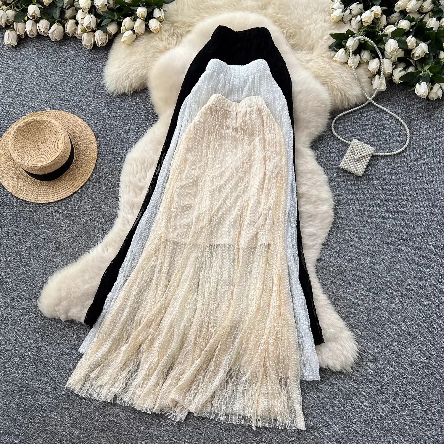 Media falda calada de encaje blanco para mujer, falda larga de sirena ajustada plisada drapeada elástica de cintura alta de verano