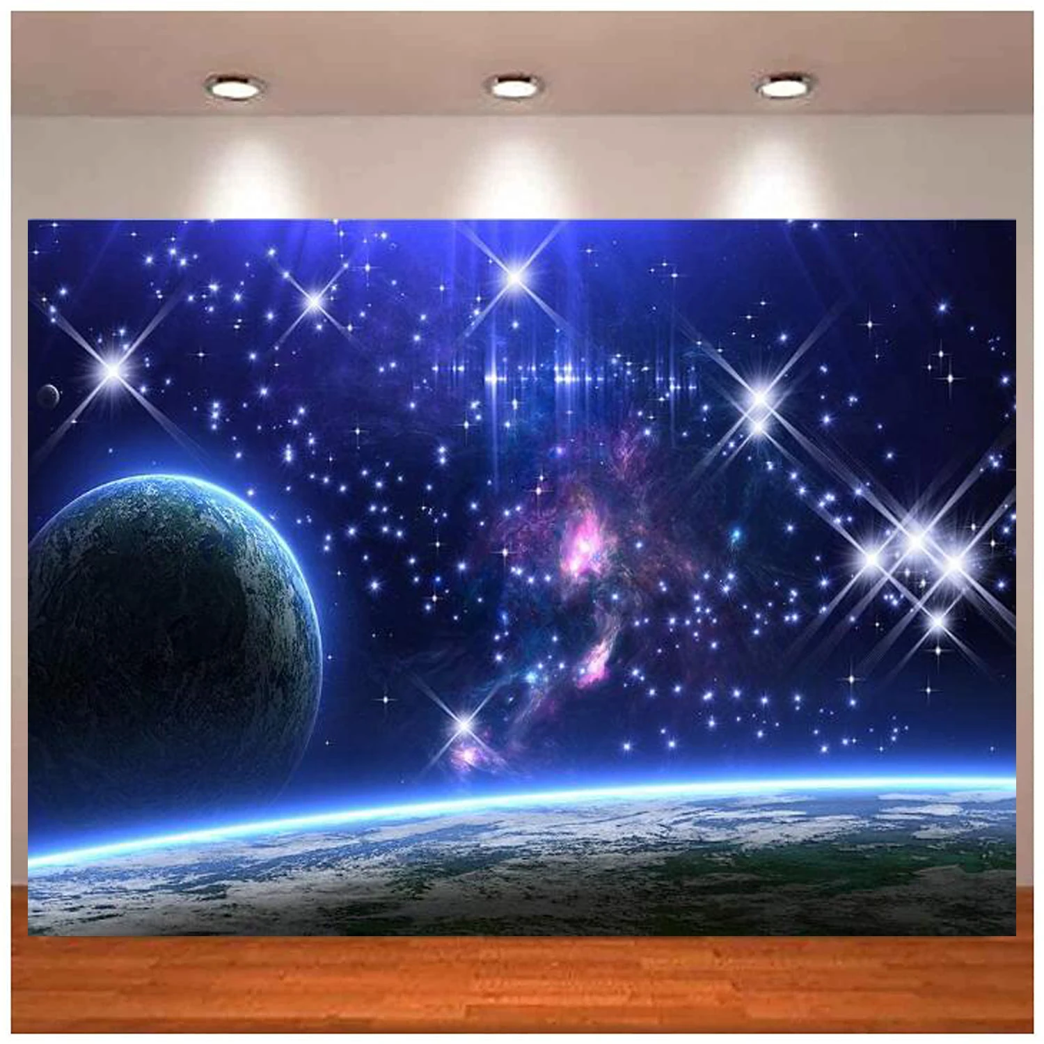 

Galaxy Photography Backdrop Banner Sky Dark Blue Halo Glitters Stars Purple The Earth Background Props Photo Booth Studio Poster