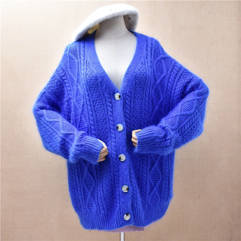 

Women Mujer Fall Winter Clothing Blue Hairy Angora Rabbit Hair Crochet Jacquard V-Neck Long Sleeves Loose Cardigans Sweater Coat