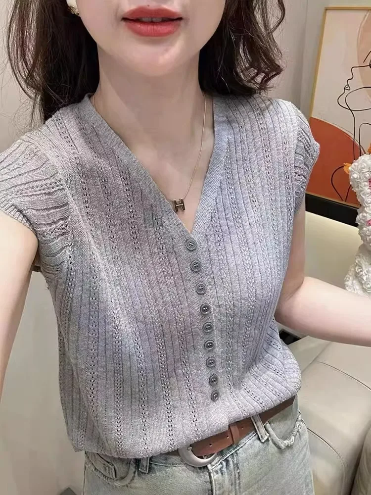 

Вязаный кардиган с вырезами, однотонный, в корейском стиле, для повседневной носки, летний, с коротким рукавом, приталенный топ