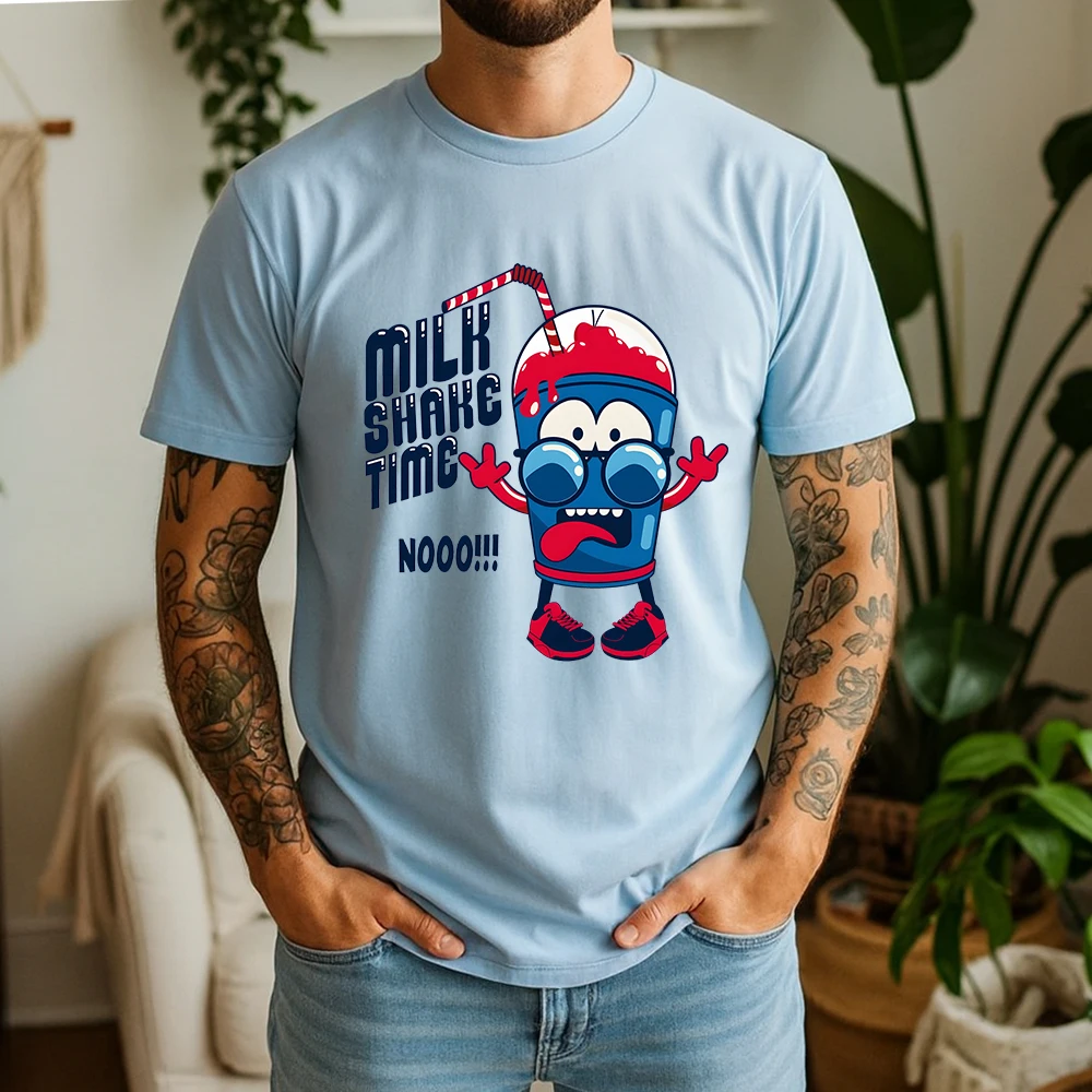 New Summer Men's 100% Cotton T-Shirt Retro Cartoon Milkshake Casual Breathable Short Sleeve Daily Wear