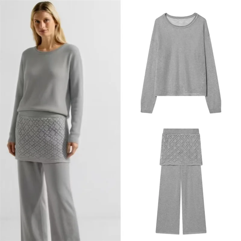 

Lce Hemp Skirt-Pants Set Women's High Waist Wide Leg Pants with Skirt Two-Piece Outfit for Spring Summer Autumn