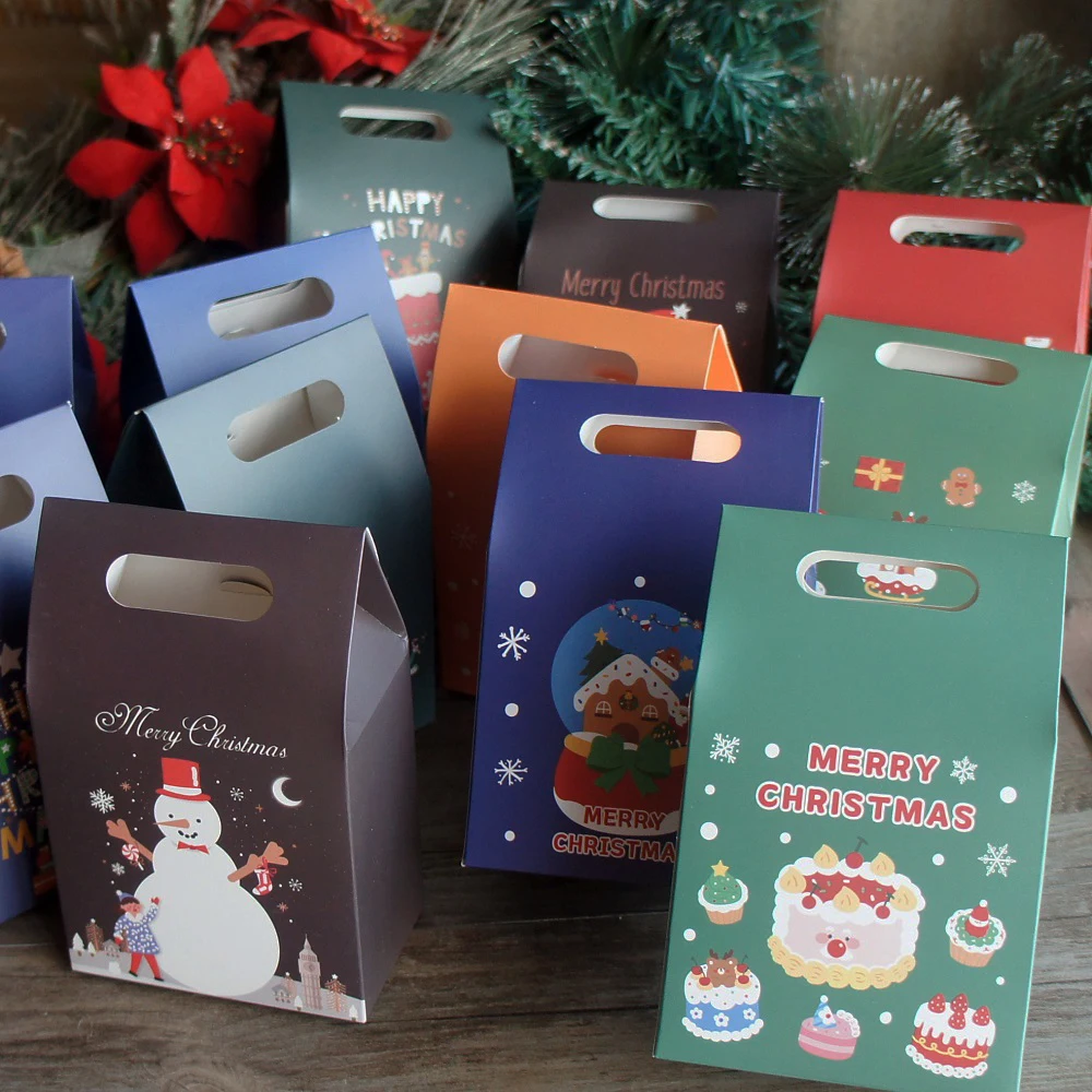 

12pcs Christmas Party Print Red Green Blue Purple Black Paper Paper Box with Handle Candy Chocolate Gift Packaging Favors Decor