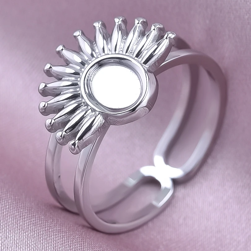 DIY Cobochons Silver Color Ring Open Adjustable Stainless Steel Heart Sun Leaf Rings For Women Men Accessories Handmade Supplies