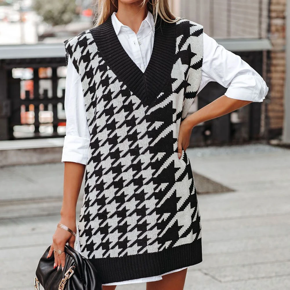 

Women's V-neck Houndstooth Knitted Sweater Sleeveless Vest Loose Fit European American Style Autumn Winter New