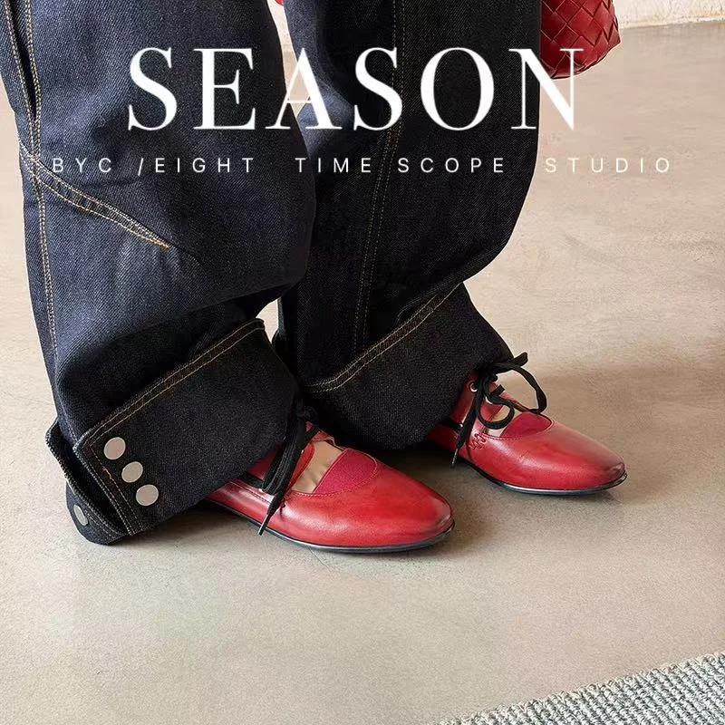 2026 new spring summer women pumps natural leather plus size 22-25cm washed cowhide+pigskin round toe lace-up women shoes
