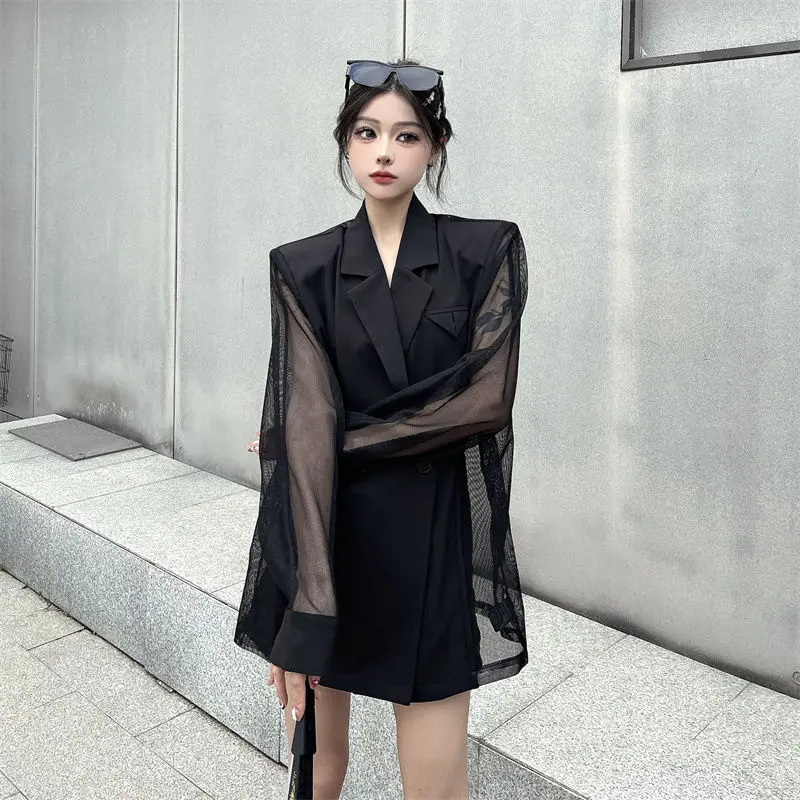 2024 Autumn New Trendy Hollow out Thin Patchwork Long-sleeved Tailored Coat for Women Loose Transparent Mesh Casual Top