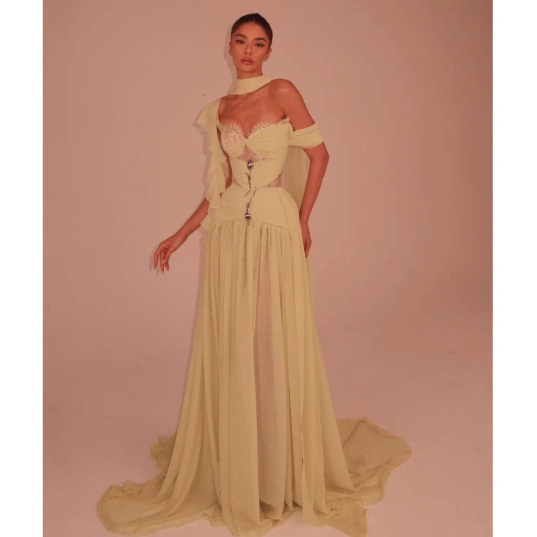 

Off Shoulder Lace Sweetheart Evening Dresses Pleat Chiffon Prom Dress Sweep Train Luxury Party Gown Gala Vestidos Customized