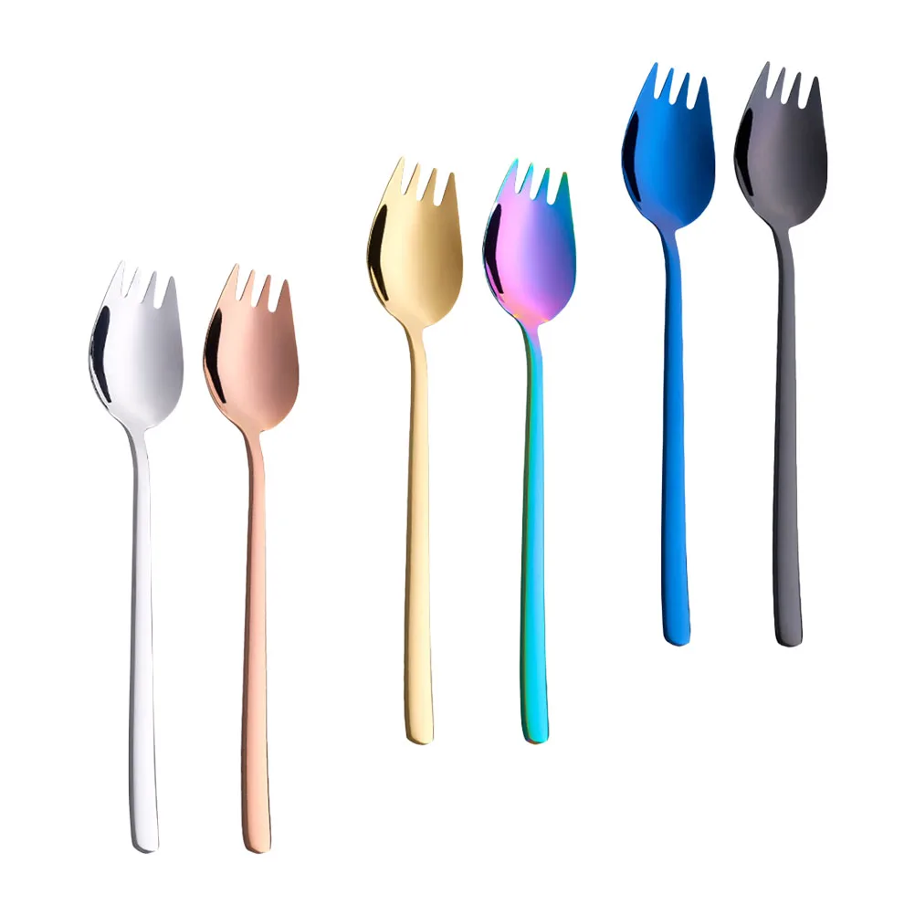 

6Pcs Stainless Steel Sporks Fork Spoons Portable Dual Use Fruit Salad Dessert Outdoor Kitchen Supplies Tableware