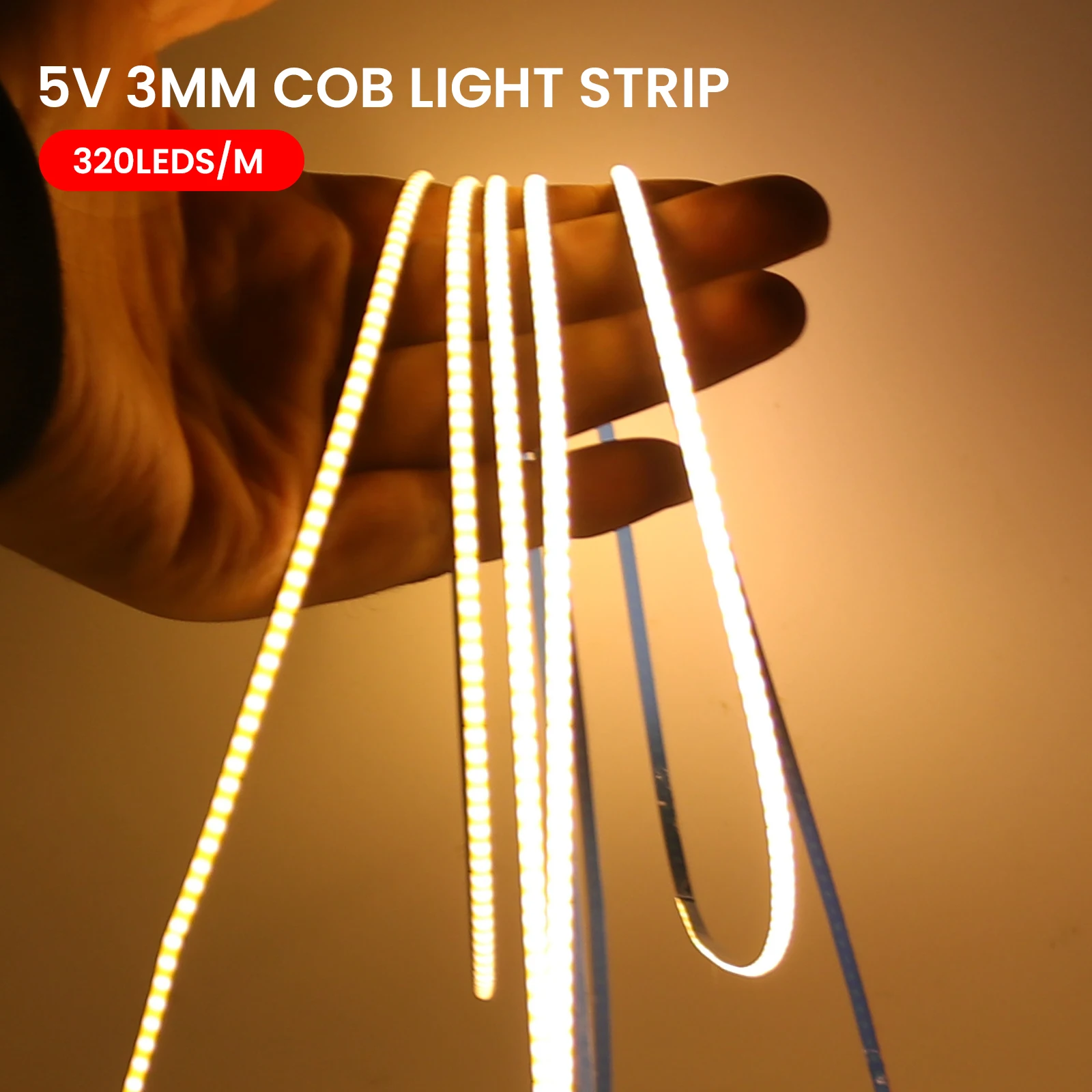5V 3MM 5MM 8MM COB LED Strip Light 320LEDs/M Button Battery Powered Flexible Adhesive Tape Diode Lamp Cold Natural Warm White