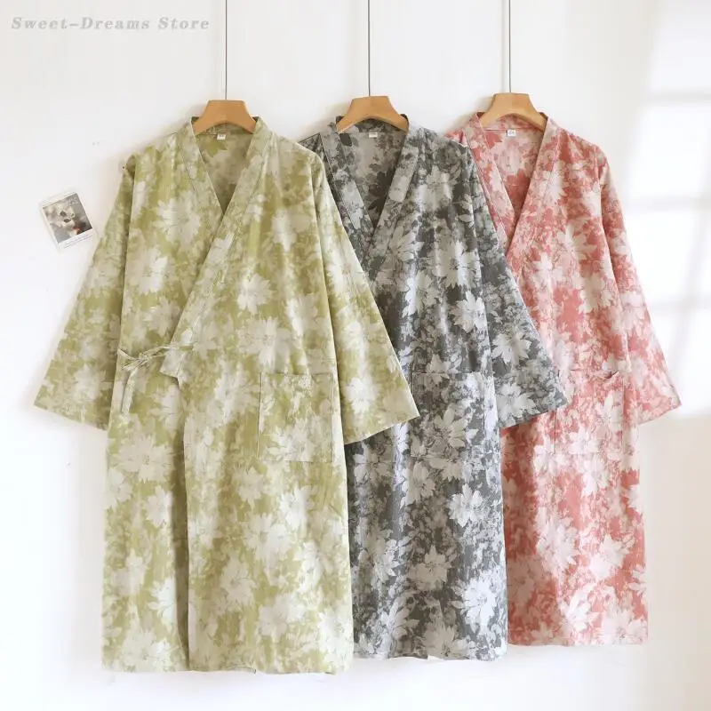 

Cotton Robe Kimono Cardigan Gown Retro Jacquard Bathrobe Negligee Sleepwear Loungewear Female Comfortable Breathable Homewear