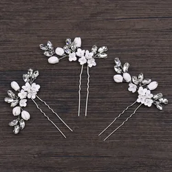 Exquisite Girls Hair Accessories Silver Rhinestone Clay Flower Headwear Wedding Bridal Hair Forks