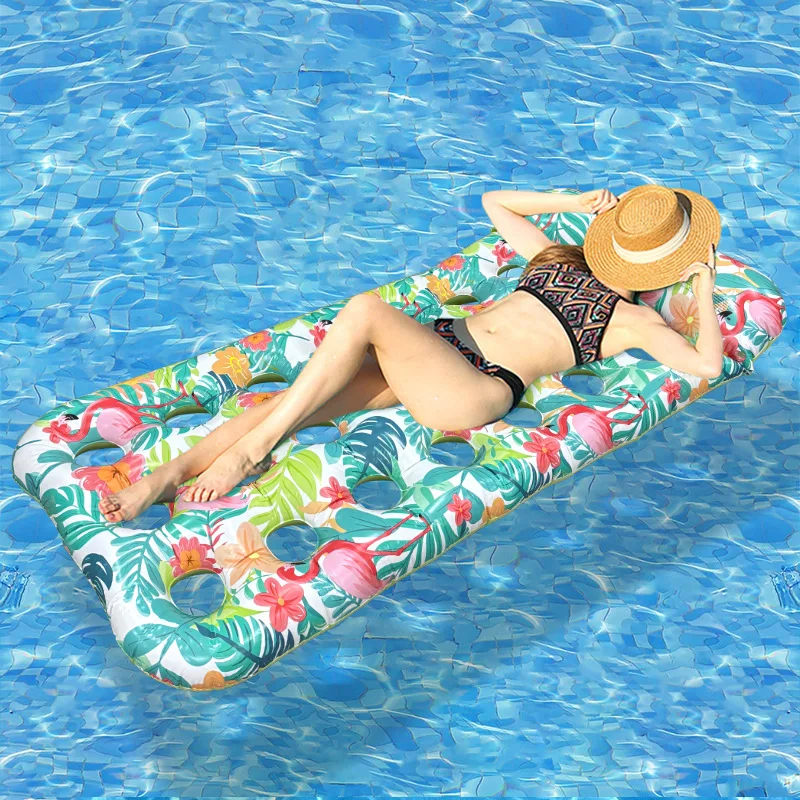 Cross-Border New Holey Leaf Flamingo Model Inflatable Floating Bed Summer Pool Entertainment Printed Floating Raft
