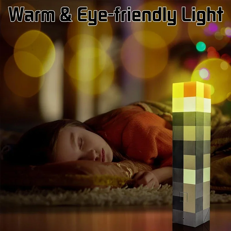 MC Game Torch Light Brownstone LED Night Light USB Rechargeable Bedroom Decoration Table Lamp Gift Lamp for Kids Bedside Lamp