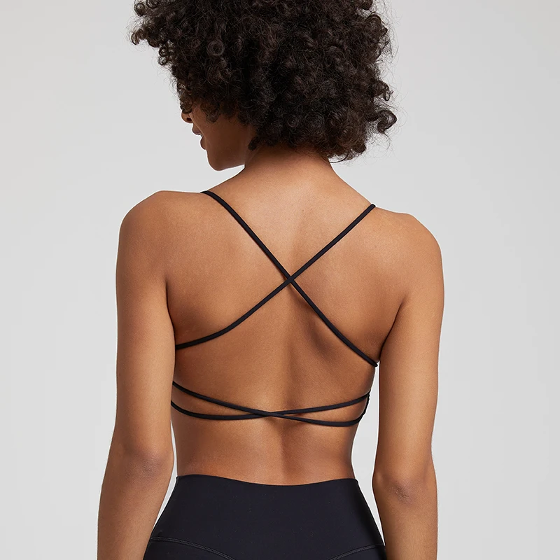 Square Neck Backless Spaghetti Straps Sports Bras for Women Padded Push Up Crisscross Back Low Support Gym Workout Yoga Bra Tops