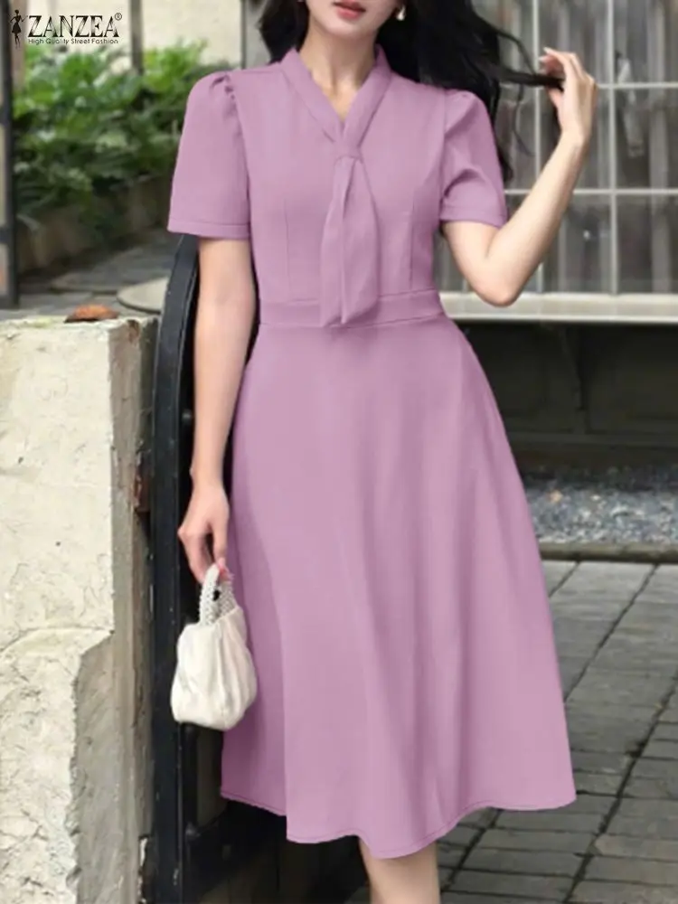 فساتين نسائية أنيقة للمكتب من ZANZEA لعام 2025 فستان حفلات برقبة على شكل V فستان صيفي أنيق بأكمام قصيرة منتفخة OL رداء ميدي للعمل