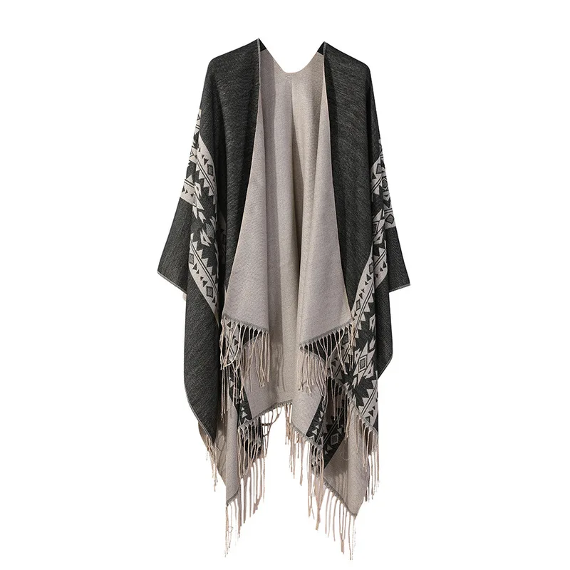 Women's shawl, double-sided ethnic-style cape with geometric patterns and tassels, suitable for wearing in air-conditioned rooms