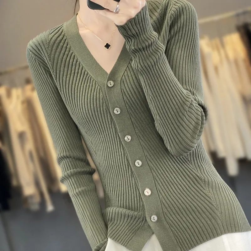 

Spring And Autumn New Korean Outdoor Pit Stripe Thread Hollow V-neck Thin Cardigan Sweater Women's Wool Loose Button Knitted Top