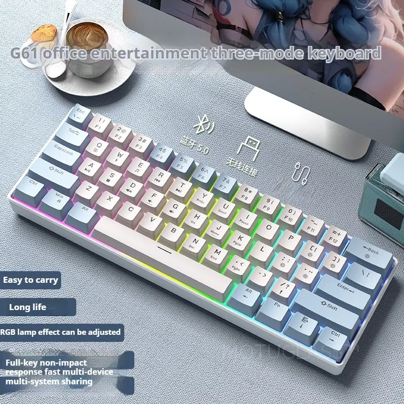 G61 RGB Mechanical Keyboard Bluetooth Wired Wireless Three Modes Compact Gaming Keyboard Blue Red Brown Switch Office Use