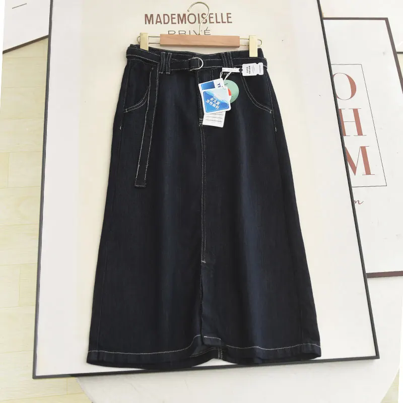 

Джинсовая юбка миди с высокой талией, прямым кроем, защитой от выцветания, А-силуэтом, разрезом спереди, стройнящим эффектом и модным дизайном, скрывающим бедра