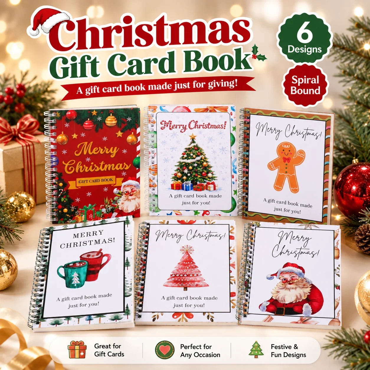 Weihnachts-Geschenkkartenbuch, 6 niedliche Weihnachtsmotive, Spiralbindung, Kartenhalter-Organizer, tragbar, kreatives Geschenk für Büro und Feiertage – Detail 4