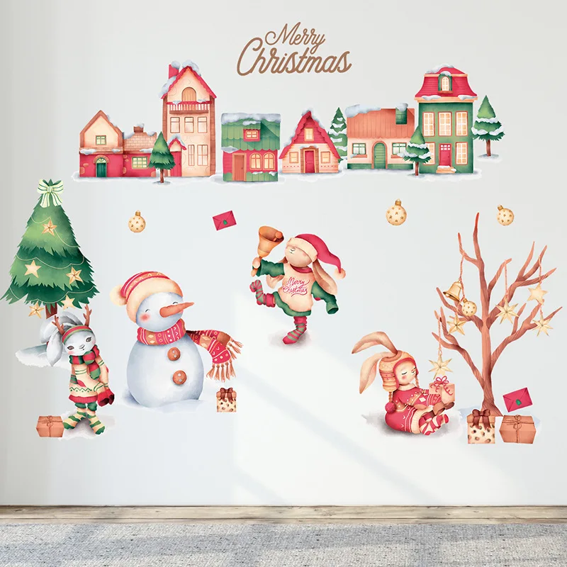 Merry Christmas Cartoon Town Winter House Snow Man Wall Stickers Cute Xmas Bunny Decals for Living Room Kids Room Nursery Decor