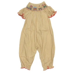 Summer Handmade Smocking Baby Short-Sleeved Pure Cotton Hand-Embroidered Jumpsuit 18m-4T Yellow Plaid Fabric Animal Train Embroi