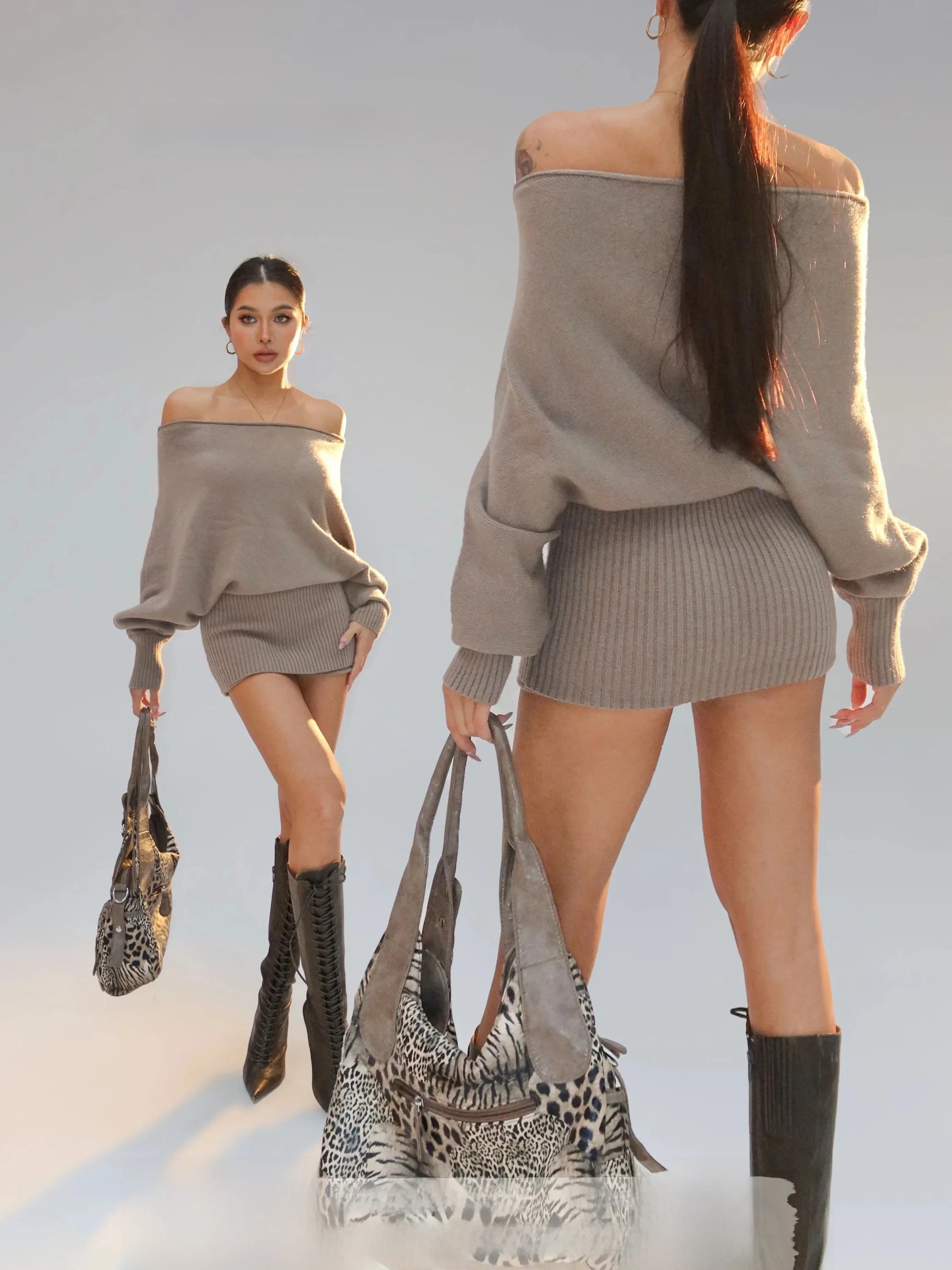 

Honey Home Oatmeal Polar Iceland Fleece Knitted Set Top Shorts 25M106 Spicy Girl Fashion Ensemble Autumn European S...
